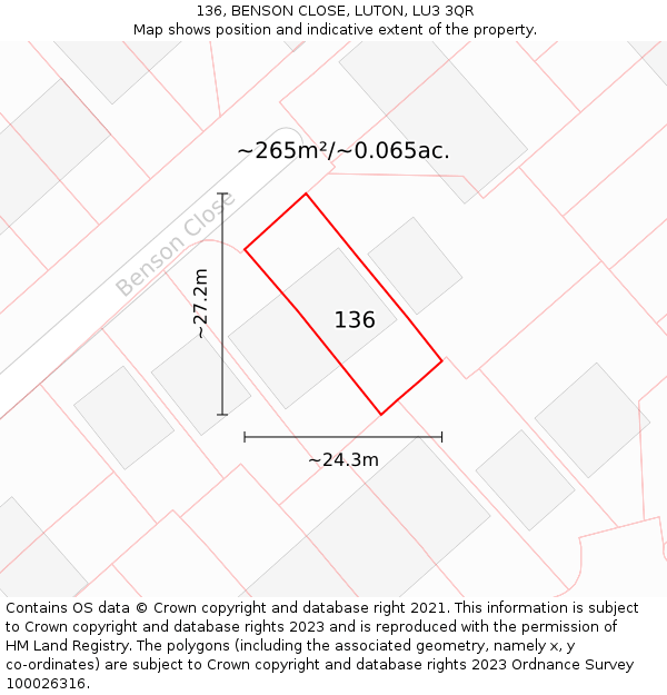 136, BENSON CLOSE, LUTON, LU3 3QR: Plot and title map
