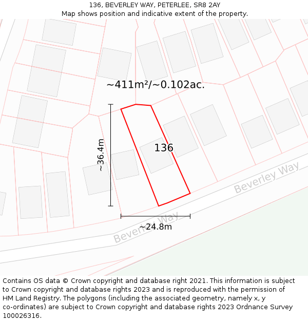 136, BEVERLEY WAY, PETERLEE, SR8 2AY: Plot and title map