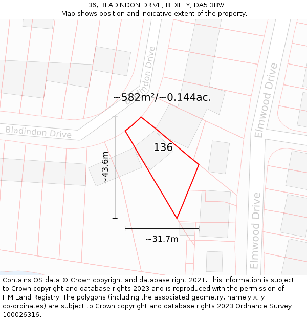 136, BLADINDON DRIVE, BEXLEY, DA5 3BW: Plot and title map