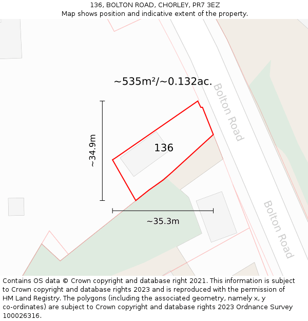 136, BOLTON ROAD, CHORLEY, PR7 3EZ: Plot and title map