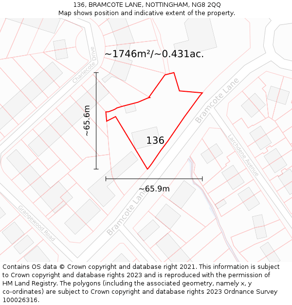 136, BRAMCOTE LANE, NOTTINGHAM, NG8 2QQ: Plot and title map