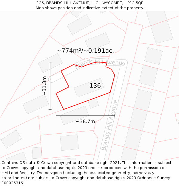 136, BRANDS HILL AVENUE, HIGH WYCOMBE, HP13 5QP: Plot and title map