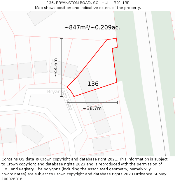 136, BRYANSTON ROAD, SOLIHULL, B91 1BP: Plot and title map