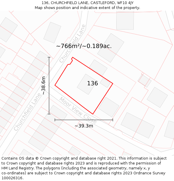 136, CHURCHFIELD LANE, CASTLEFORD, WF10 4JY: Plot and title map