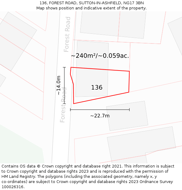 136, FOREST ROAD, SUTTON-IN-ASHFIELD, NG17 3BN: Plot and title map