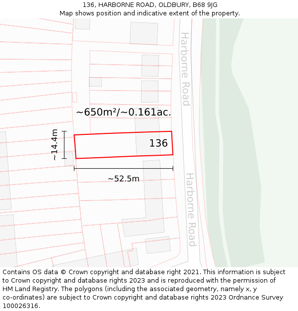 136, HARBORNE ROAD, OLDBURY, B68 9JG: Plot and title map