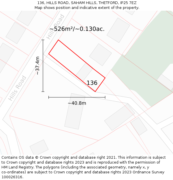 136, HILLS ROAD, SAHAM HILLS, THETFORD, IP25 7EZ: Plot and title map