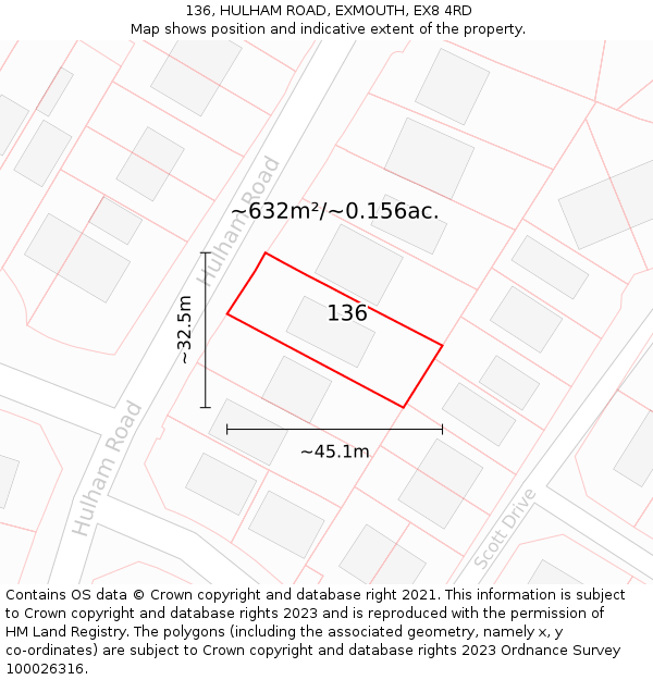 136, HULHAM ROAD, EXMOUTH, EX8 4RD: Plot and title map
