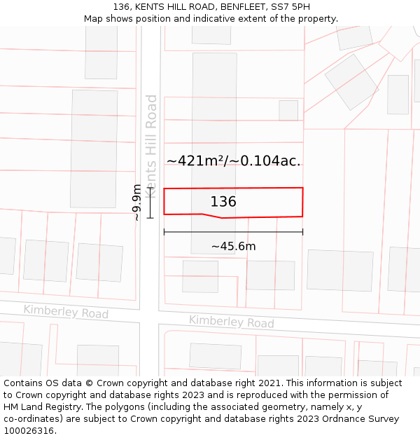 136, KENTS HILL ROAD, BENFLEET, SS7 5PH: Plot and title map