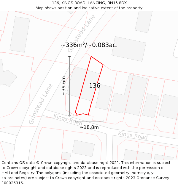 136, KINGS ROAD, LANCING, BN15 8DX: Plot and title map