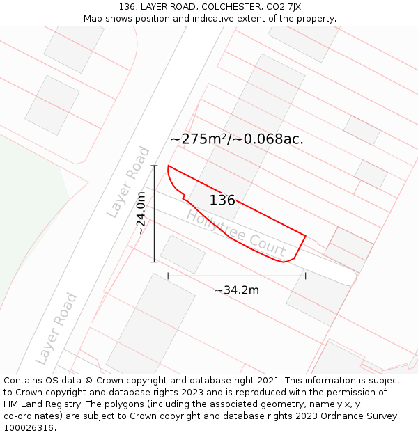136, LAYER ROAD, COLCHESTER, CO2 7JX: Plot and title map