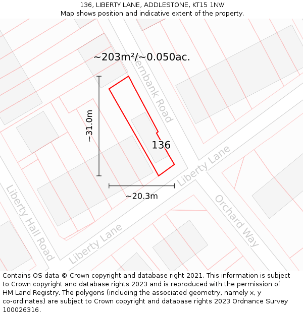 136, LIBERTY LANE, ADDLESTONE, KT15 1NW: Plot and title map