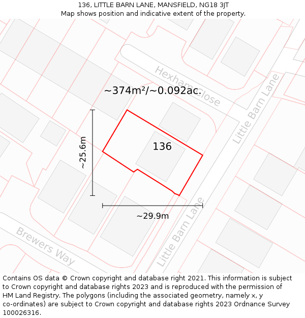 136, LITTLE BARN LANE, MANSFIELD, NG18 3JT: Plot and title map