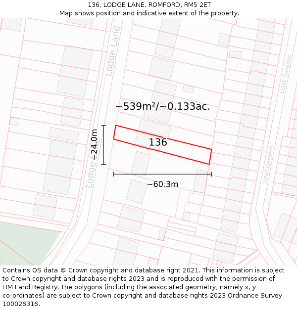 136, LODGE LANE, ROMFORD, RM5 2ET: Plot and title map