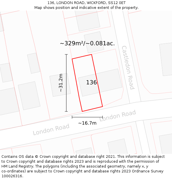 136, LONDON ROAD, WICKFORD, SS12 0ET: Plot and title map