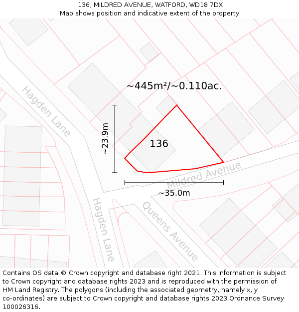 136, MILDRED AVENUE, WATFORD, WD18 7DX: Plot and title map