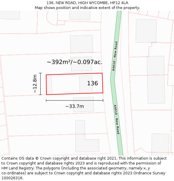 136, NEW ROAD, HIGH WYCOMBE, HP12 4LA: Plot and title map