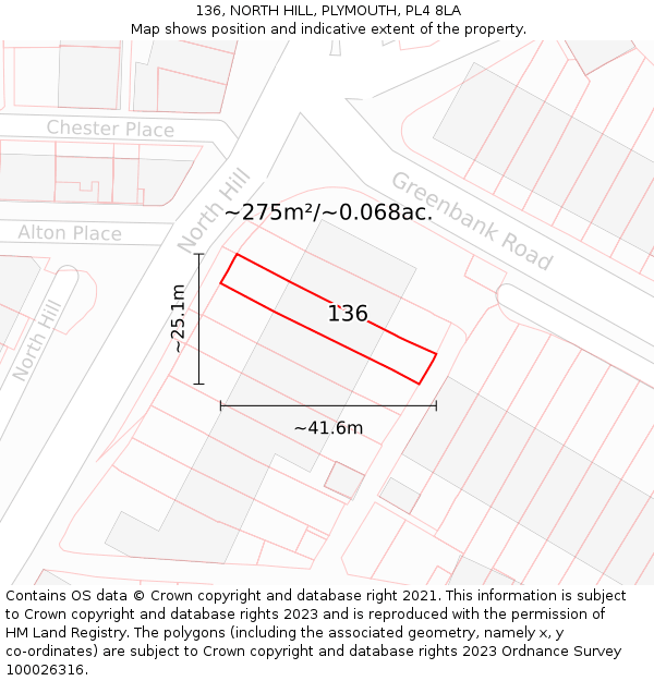 136, NORTH HILL, PLYMOUTH, PL4 8LA: Plot and title map