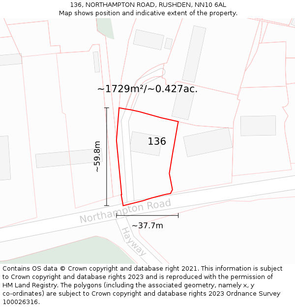 136, NORTHAMPTON ROAD, RUSHDEN, NN10 6AL: Plot and title map