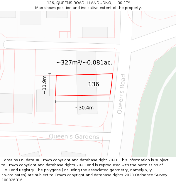 136, QUEENS ROAD, LLANDUDNO, LL30 1TY: Plot and title map