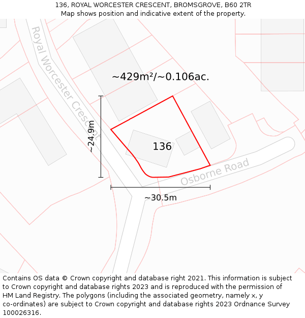 136, ROYAL WORCESTER CRESCENT, BROMSGROVE, B60 2TR: Plot and title map