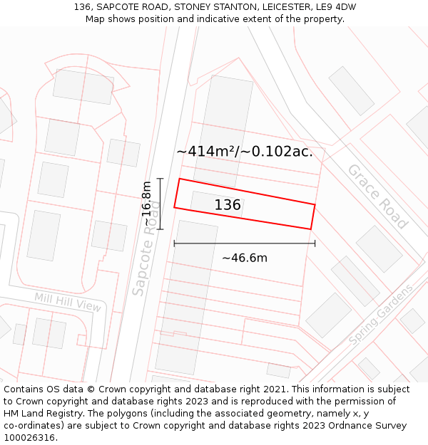 136, SAPCOTE ROAD, STONEY STANTON, LEICESTER, LE9 4DW: Plot and title map