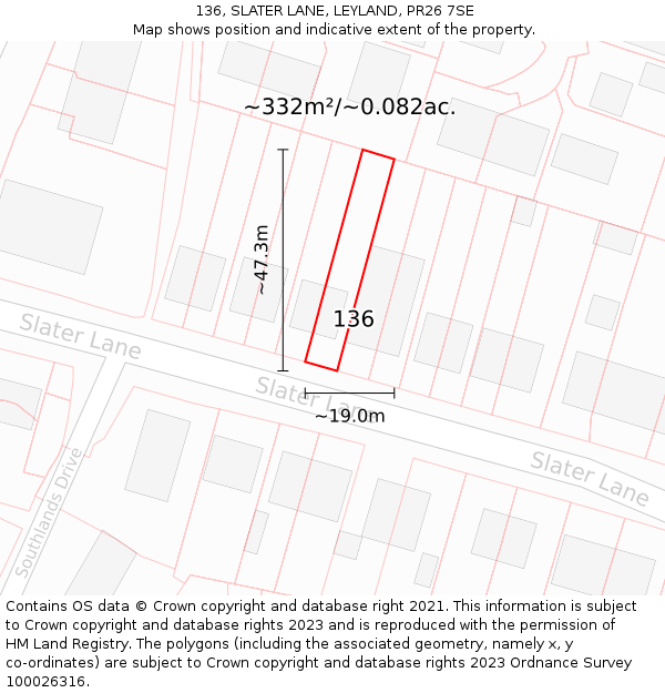 136, SLATER LANE, LEYLAND, PR26 7SE: Plot and title map