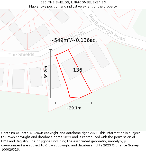 136, THE SHIELDS, ILFRACOMBE, EX34 8JX: Plot and title map