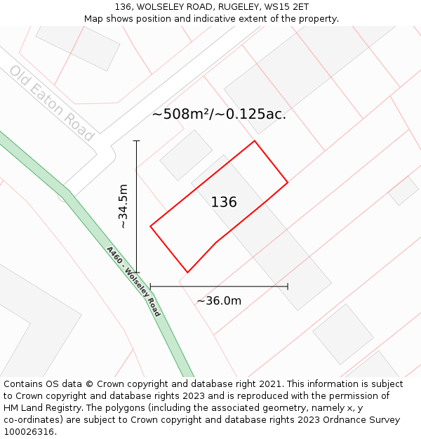 136, WOLSELEY ROAD, RUGELEY, WS15 2ET: Plot and title map