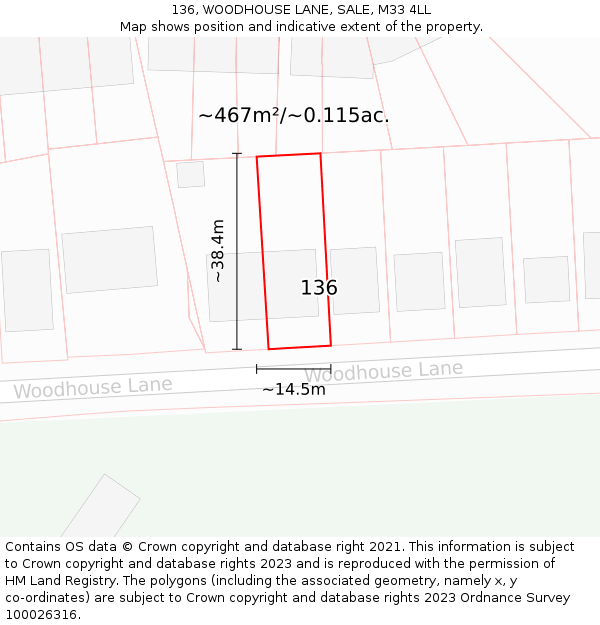 136, WOODHOUSE LANE, SALE, M33 4LL: Plot and title map