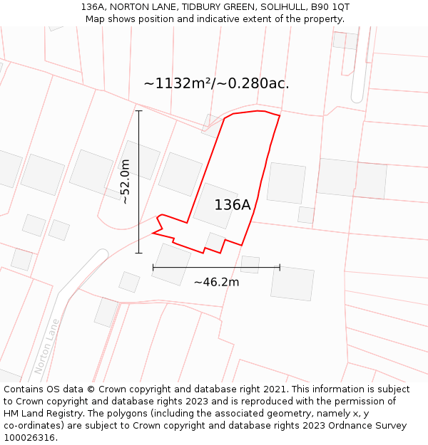 136A, NORTON LANE, TIDBURY GREEN, SOLIHULL, B90 1QT: Plot and title map