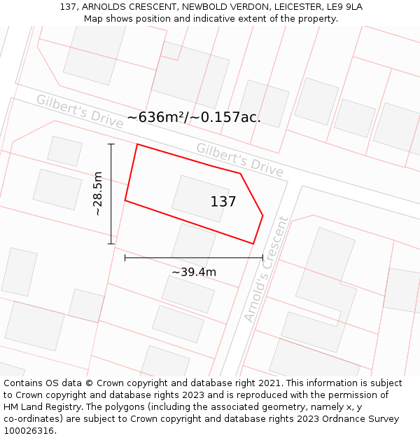 137, ARNOLDS CRESCENT, NEWBOLD VERDON, LEICESTER, LE9 9LA: Plot and title map