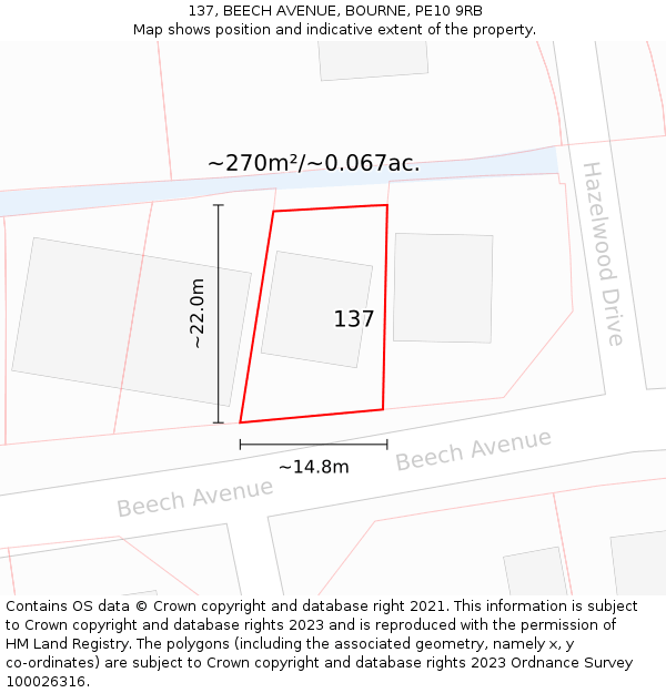 137, BEECH AVENUE, BOURNE, PE10 9RB: Plot and title map