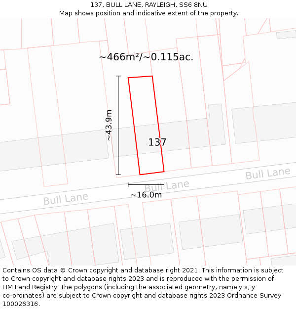 137, BULL LANE, RAYLEIGH, SS6 8NU: Plot and title map