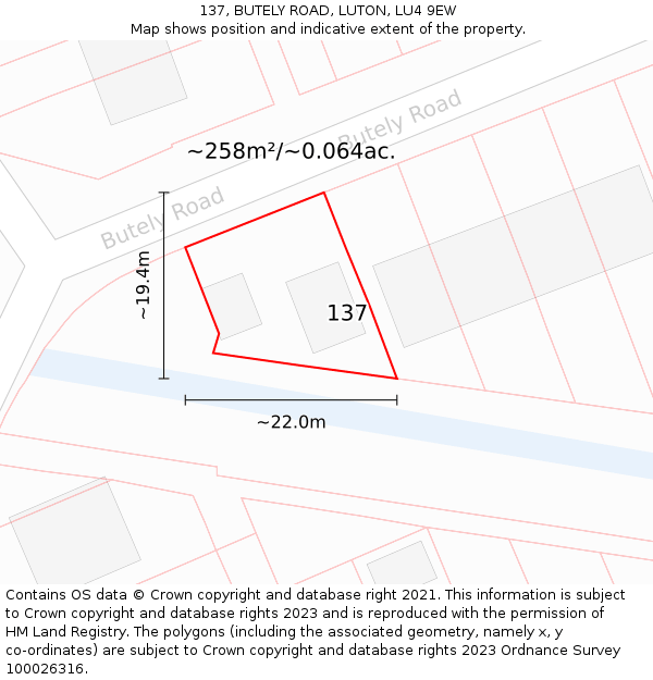 137, BUTELY ROAD, LUTON, LU4 9EW: Plot and title map