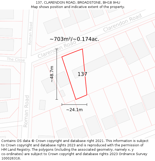 137, CLARENDON ROAD, BROADSTONE, BH18 9HU: Plot and title map