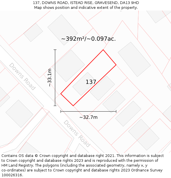 137, DOWNS ROAD, ISTEAD RISE, GRAVESEND, DA13 9HD: Plot and title map