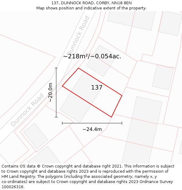 137, DUNNOCK ROAD, CORBY, NN18 8EN: Plot and title map