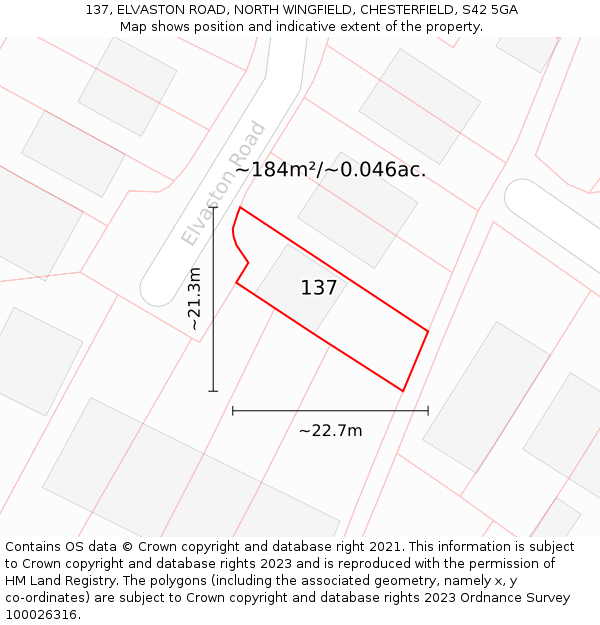 137, ELVASTON ROAD, NORTH WINGFIELD, CHESTERFIELD, S42 5GA: Plot and title map