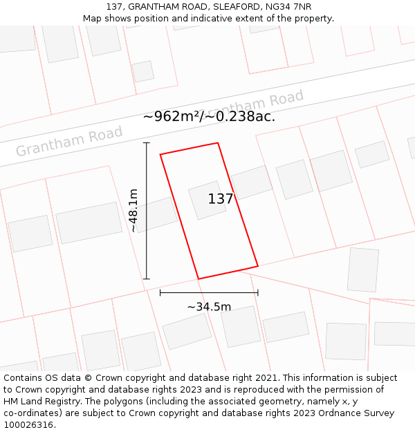 137, GRANTHAM ROAD, SLEAFORD, NG34 7NR: Plot and title map