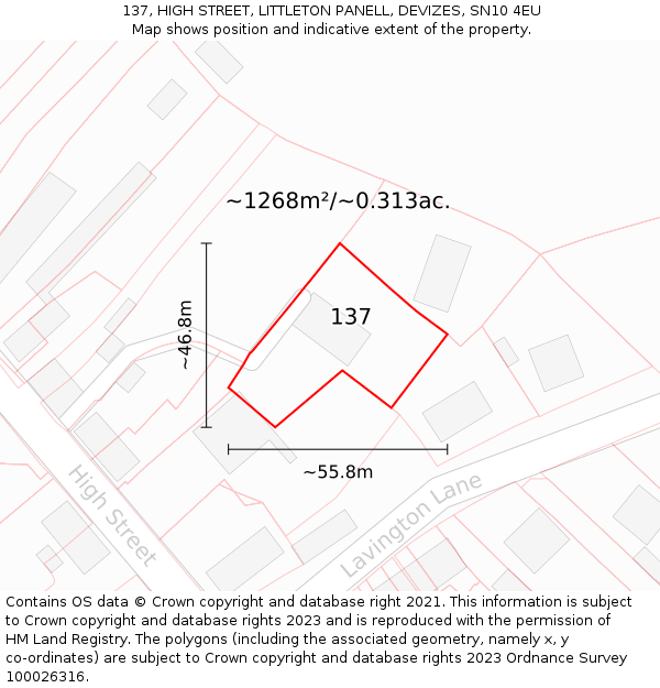 137, HIGH STREET, LITTLETON PANELL, DEVIZES, SN10 4EU: Plot and title map