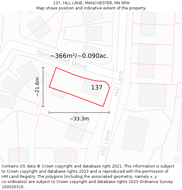 137, HILL LANE, MANCHESTER, M9 6PW: Plot and title map