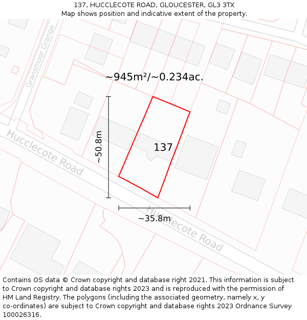 137, HUCCLECOTE ROAD, GLOUCESTER, GL3 3TX: Plot and title map