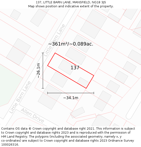 137, LITTLE BARN LANE, MANSFIELD, NG18 3JS: Plot and title map