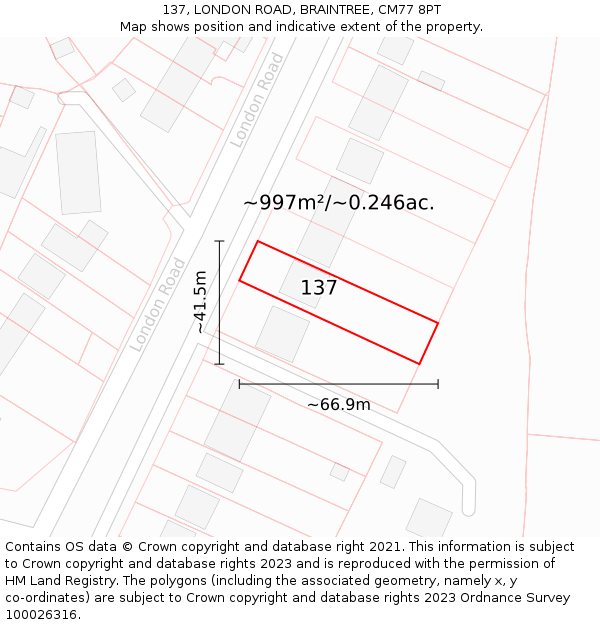 137, LONDON ROAD, BRAINTREE, CM77 8PT: Plot and title map