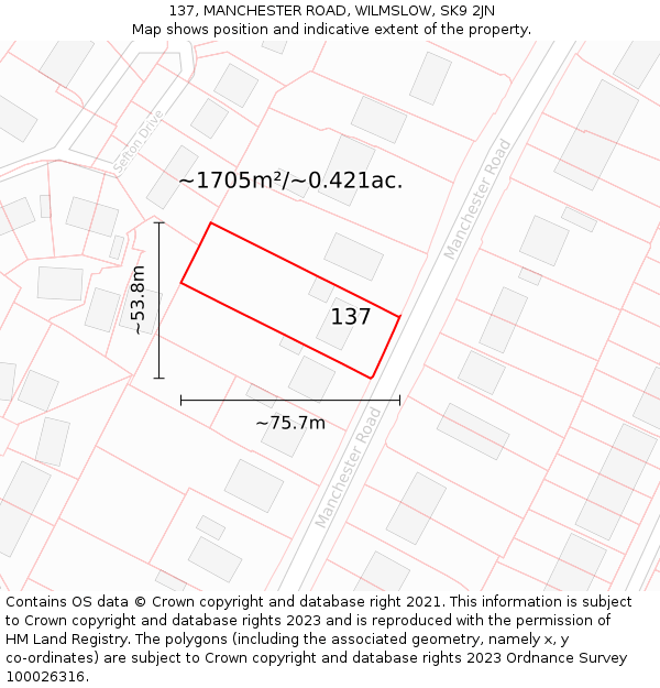 137, MANCHESTER ROAD, WILMSLOW, SK9 2JN: Plot and title map