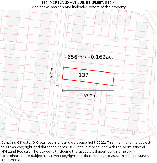 137, MORELAND AVENUE, BENFLEET, SS7 4JJ: Plot and title map