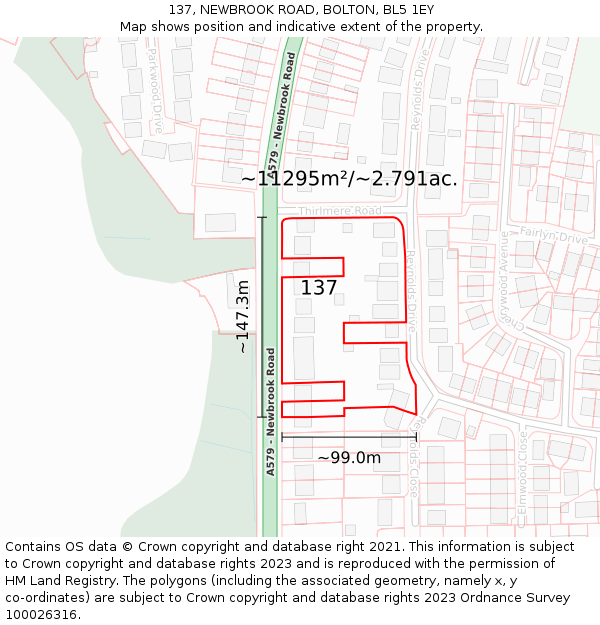 137, NEWBROOK ROAD, BOLTON, BL5 1EY: Plot and title map