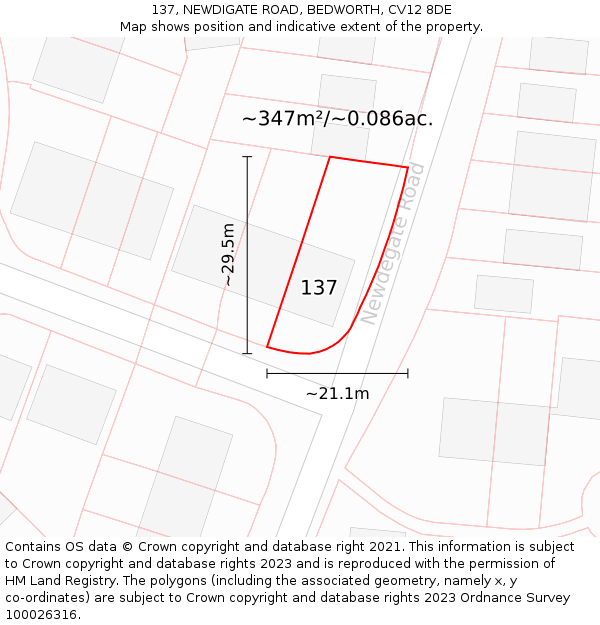 137, NEWDIGATE ROAD, BEDWORTH, CV12 8DE: Plot and title map