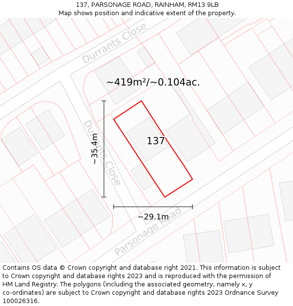 137, PARSONAGE ROAD, RAINHAM, RM13 9LB: Plot and title map